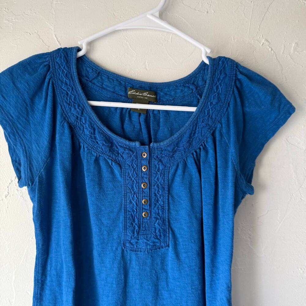 Eddie Bauer Size Small Blue Cottage Embroidered Peasant Cotton Short Sleeve Top‎
